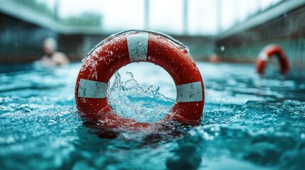 This captivating image features a lifebuoy floating in clear pool water, with bubbles and ripples adding a sense of motion, evoking feelings of safety and emergency preparedness in leisure spaces.