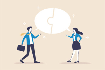 Communicate solution to solve problem, agreement, teamwork or cooperation, conversation message, meeting or discussion concept, business people communicate with connected jigsaw puzzle speech bubble.