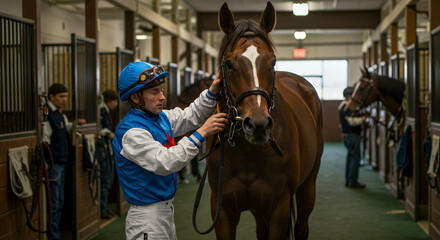 Jockey Preparing Thoroughbred Horse in Stable