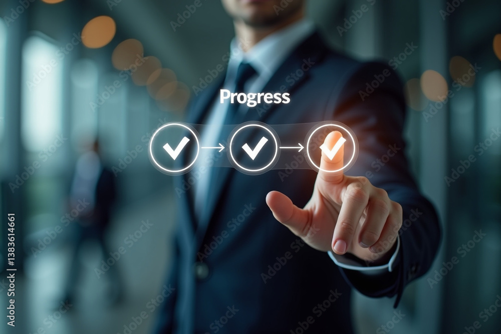 Fototapete businessman touching to tick correct mark in checklist with progressive loading status to remind wor