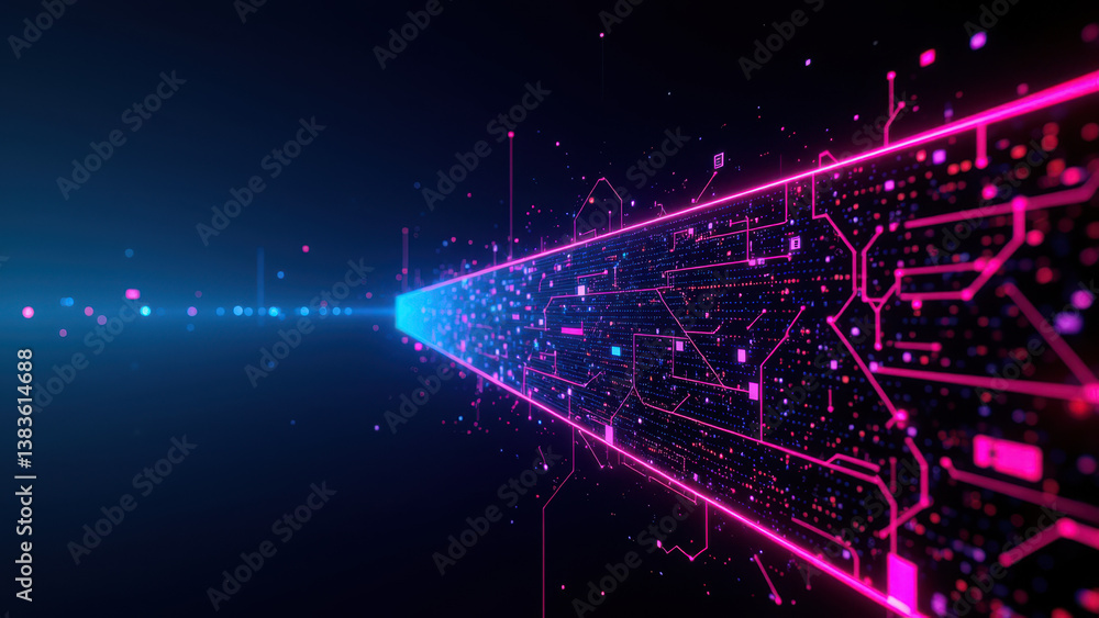 Poster cybersecurity abstract digital network with purple neon lines and stars, representing secure data tr