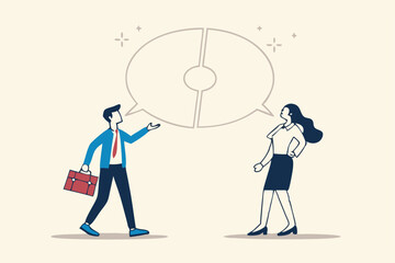 Communicate solution to solve problem, agreement, teamwork or cooperation, conversation message, meeting or discussion concept, business people communicate with connected jigsaw puzzle speech bubble.