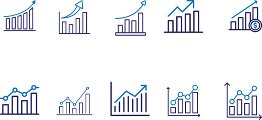 Business charts, financial graphs, upward trends, blue and purple icons, line drawings, growth indicators, data visualization,