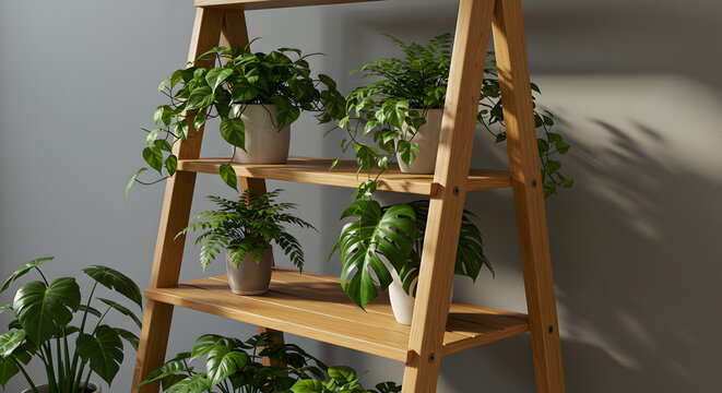Wooden Ladder Shelf with Green Potted Plants Indoor Arrangement - Powered by Adobe
