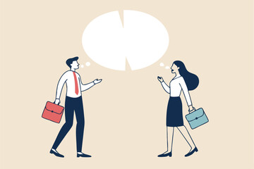 Communicate solution to solve problem, agreement, teamwork or cooperation, conversation message, meeting or discussion concept, business people communicate with connected jigsaw puzzle speech bubble.