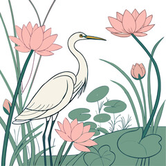Obraz premium Graceful Heron Amidst Pink Lotus Flowers.