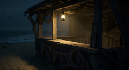 Fototapeta premium Atmospheric Beach Shack at Dusk with Glowing Lantern on a Rainy Night