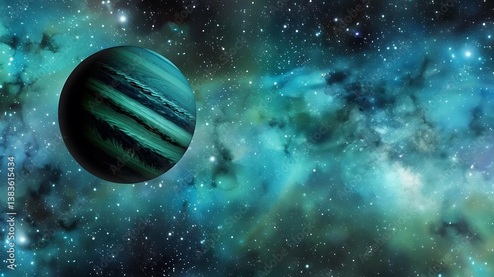 Poster a vibrant planet and nebula float against a starry background