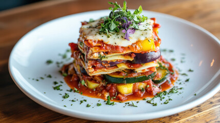 deliciously stacked plant based lasagna with layers of vegetables, topped with fresh herbs and rich tomato sauce, served on white plate. vibrant colors and textures create appetizing presentation