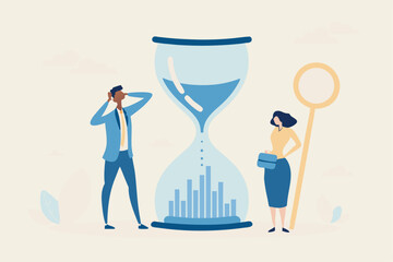 Time management or employee timesheet analysis, time tracking efficiency or productivity, working hour or project schedule concept, business people project manager analyze time graph in sandglass.