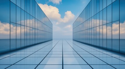 Fototapeta premium Modern Glass Architecture Reflecting Sky and Clouds: A Futuristic Perspective