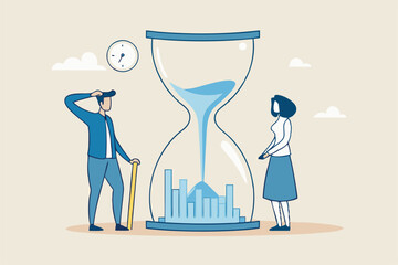 Time management or employee timesheet analysis, time tracking efficiency or productivity, working hour or project schedule concept, business people project manager analyze time graph in sandglass.