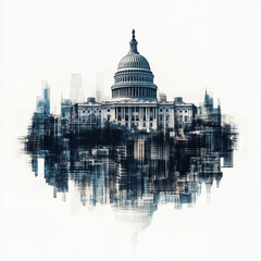 image features blend of United States Capitol building with city skyline, creating striking visual effect. This artistic representation symbolizes connection between government and urban life