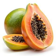 An ultra-realistic, high-resolution image of a ripe papaya fruit, one whole and one cut open to reveal the bright orange flesh and black seeds, natural texture with water droplets