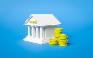 Bank building and stacked coins isolated on blue background 3d rendering