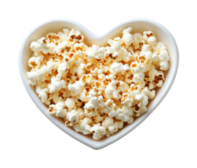 Heart-shaped bowl of popcorn home movie night snack cozy isolated on transparent background, png