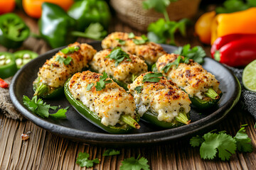 Stuffed Jalapeno Peppers with Creamy Filling Garnished with Fresh Herbs on a Rustic Plate