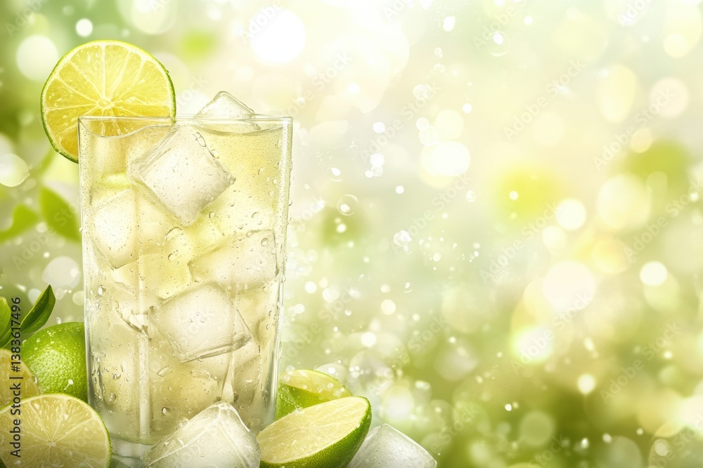 Aufkleber Refreshing cold lemonade with ice cubes and lime slices in a bright summery setting for perfect hydration