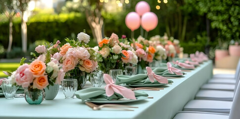 Elegant Outdoor Table Setting with Floral Arrangements and Soft Pink Balloons in Garden