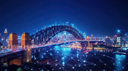 Obraz premium Sydney Harbour Bridge at Night with Digital Network Overlay and Cityscape