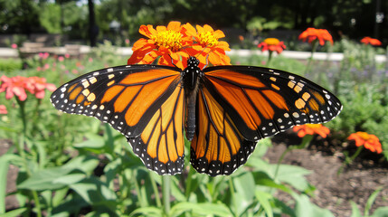 Obraz premium Monarch butterfly -Danaus plexippus- resting on a flowering plant in a butterfly pavilion- Lincoln, Nebraska, United States of America