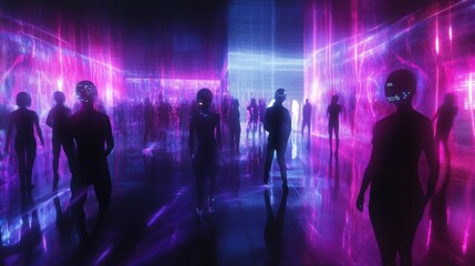 Group of people walking through a stunning tunnel of neon lights at a futuristic concert with vibrant energy and atmosphere