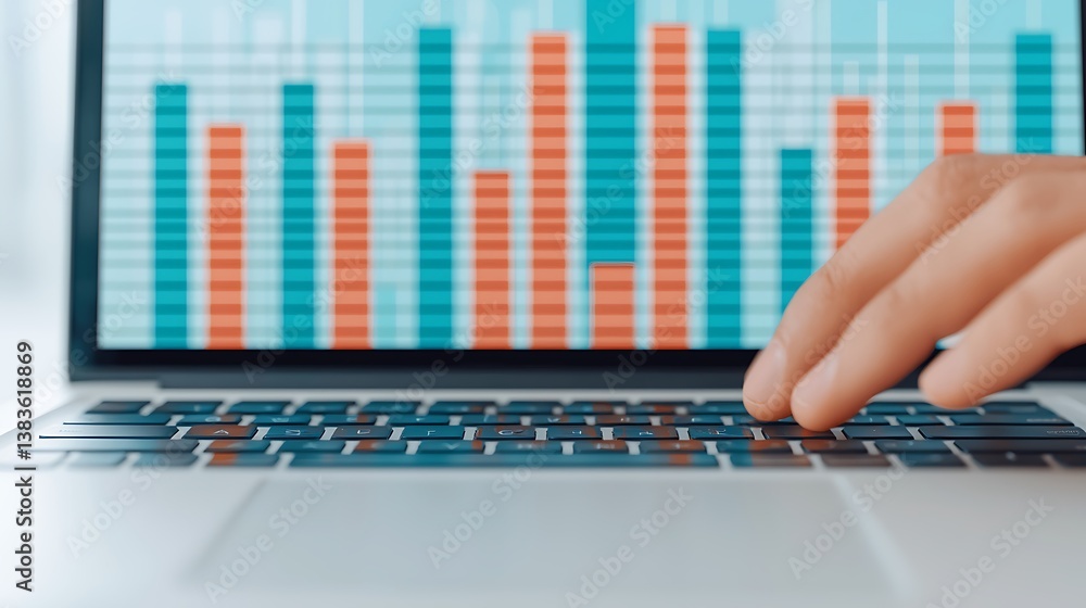 Poster person typing on laptop with data chart displayed on screen for analysis and planning.