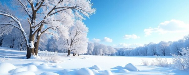 Frozen landscape with snow-covered trees, bare branches and a bright blue sky , cold, frost