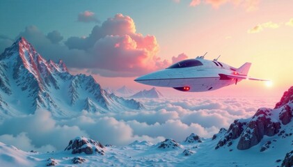 Fototapeta premium Futuristic spaceship hovering above a glowing white landscape, white, cosmos