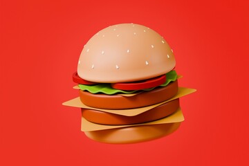 3d Hamburger icon. American street fast food. Floating burger. Burger with beef and vegetables. Minimal Cartoon Delicious Burger meal creative design icon isolated on red tasty background. 3d render.