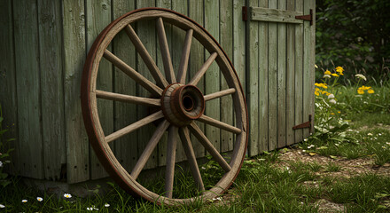 Obraz premium Rustic Wagon Wheel Leaning Against Weathered Garden Shed Facade Outdoor
