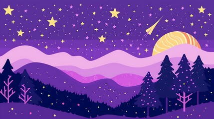 Naklejka premium A colorful illustration depicts a starry night landscape scene