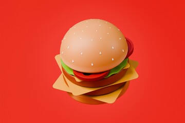 3d Hamburger icon. American street fast food. Floating burger. Burger with beef and vegetables. Minimal Cartoon Delicious Burger meal creative design icon isolated on red tasty background. 3d render.