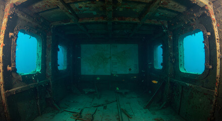 Sunken Ship's Cabin with Waterstained Maps and Brass Portholes Underwater