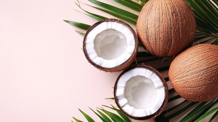 Tropical coconuts split in half revealing white flesh, resting on green palm leaves against a soft pink minimalist background