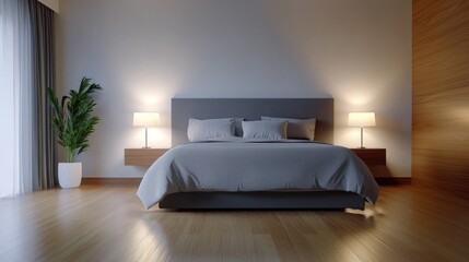 Peaceful bedroom interior at night; cozy, neutral setting for relaxation and sleep