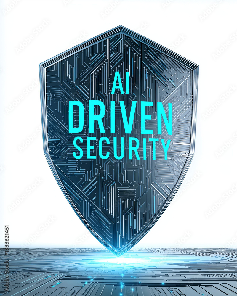 Poster ai driven security surveillance detection. cyber protection innovation. threat data. ai-powered secu