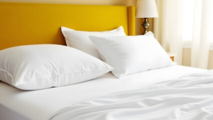 White sheets pop against mustard wall. Crisp cotton contrasts warm yellow with natural wrinkle texture.