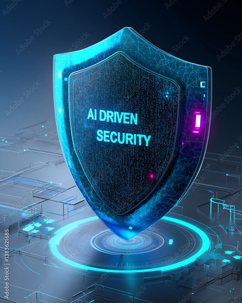 Poster ai driven security surveillance detection. cyber protection innovation. threat data. ai-driven secur