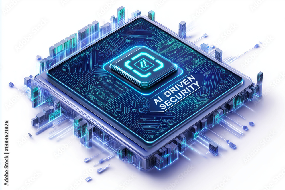 Poster ai driven security surveillance detection. cyber protection innovation. threat data. ai-driven secur