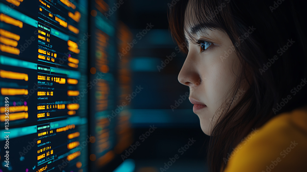 Poster a young female developer intensely studies lines of code displayed on multiple screens, in a dimly l