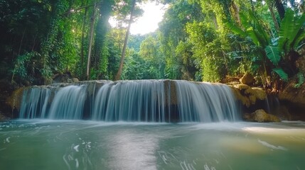 Waterfall cascading into a turquoise pond in a lush green forest