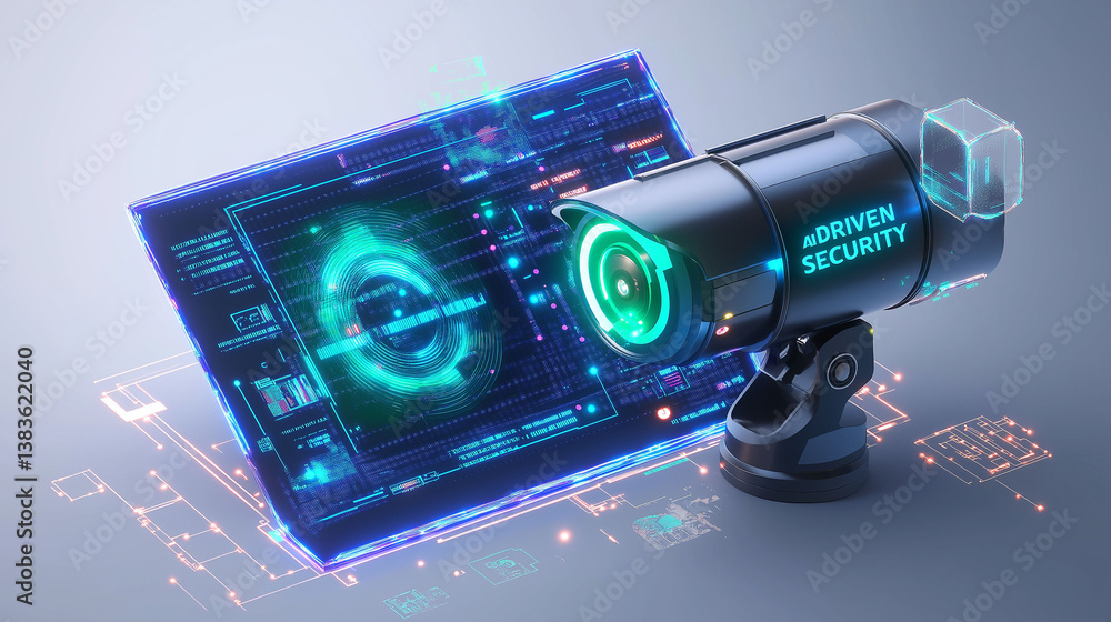 Poster ai driven security surveillance detection. cyber protection innovation. threat data. ai-powered surv