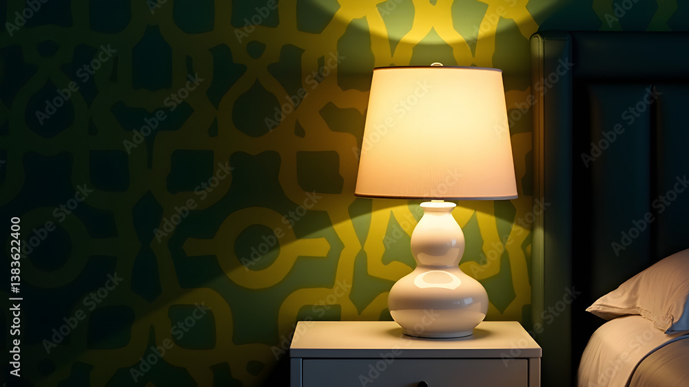 Poster white lamp stands out on geometric wall. ceramic base contrasts bold pattern while shade diffuses wa