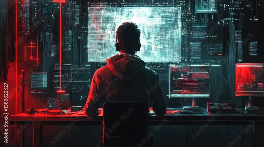 Poster cybersecurity specialist surrounded by monitors analyzing intricate code patterns