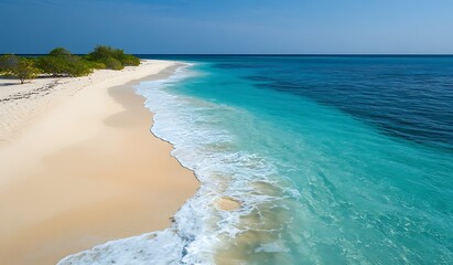 Aerial View of White Sandy Beach Meets Turquoise Ocean with Green Trees under Blue Sky