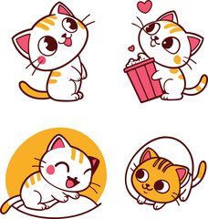 Charming Kitten Adventures with Popcorn and Hearts, Playful Feline Faces in Various Poses