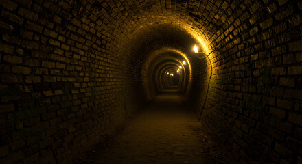 Mysterious Old Brick Tunnel Illuminated By Flickering Gas Lamps Creating Drama