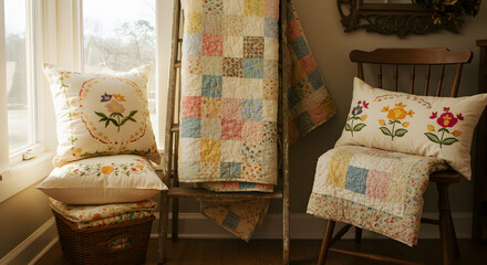 Charming Display Of Vintage Quilts And Embroidered Pillows On Wooden Ladder