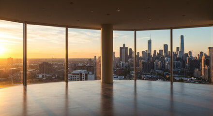 Fototapeta premium Sunlit Penthouse Living Area With Floor To Ceiling Windows Overlooking Cityscape